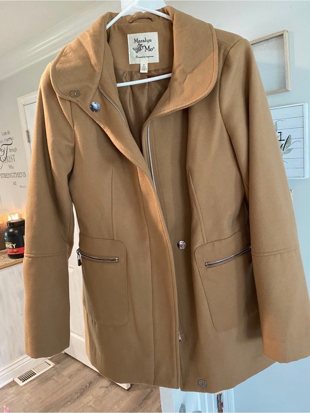 Maralyn & Me Women's Camel Pea Coat with Zip Pockets